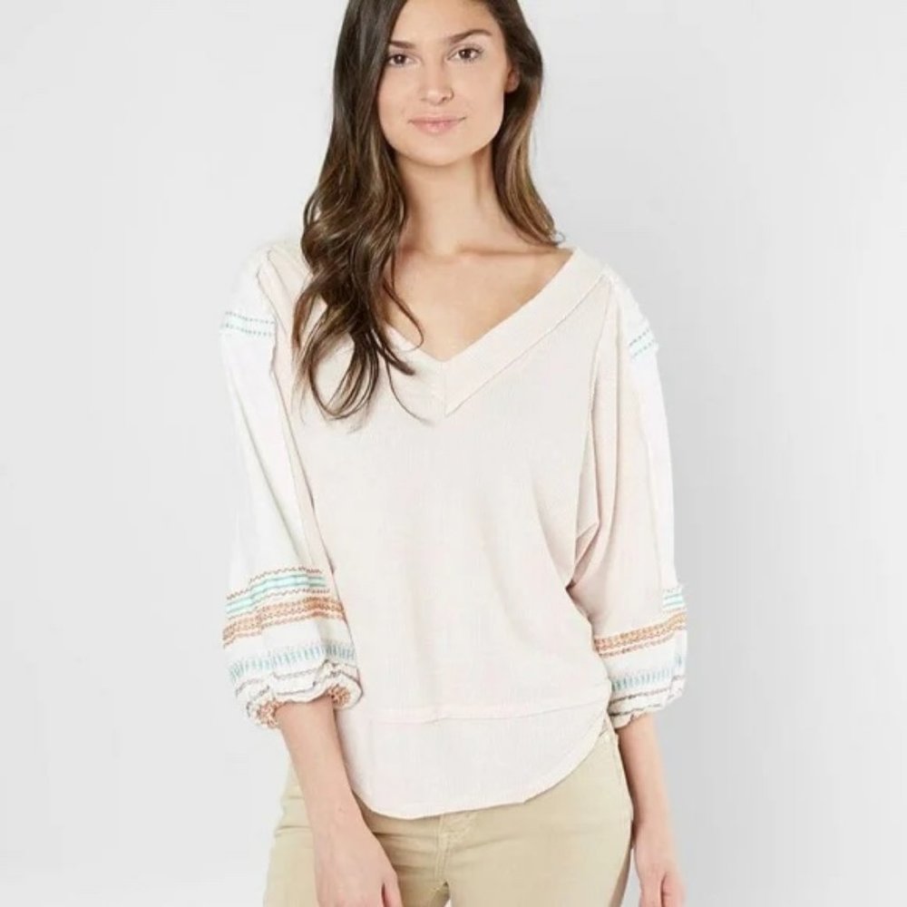 Free People We The Free Pink Embroidered Waffle Knit Bubble Tee Top Size S